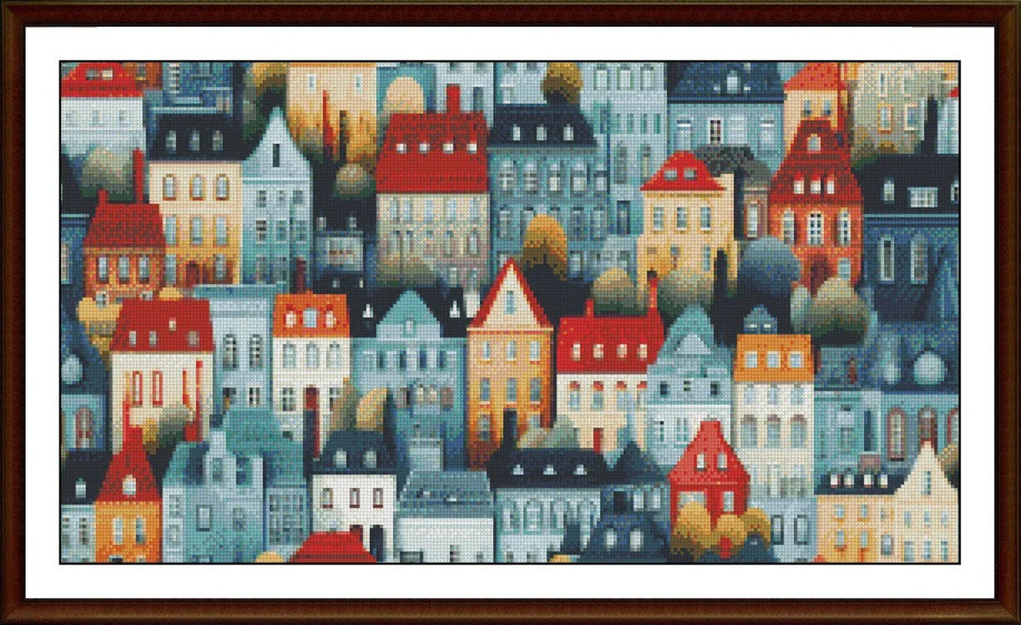 Watercolor Cross Stitch Pattern,City Row Houses,Landscape,Pattern Keeper,Counted Cross Stitch,Pdf,Instant Download