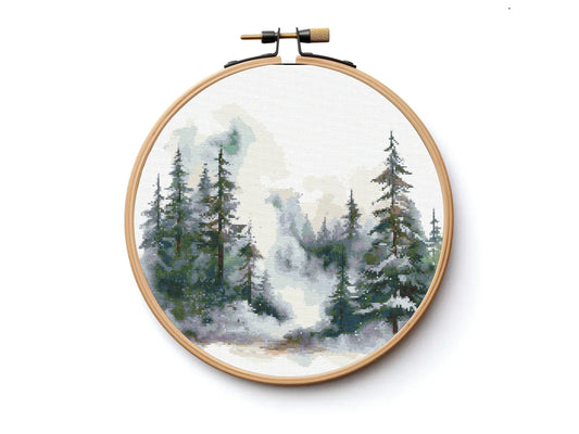 Snowy Pine Forest Cross Stitch Sewing Embroidery Pattern Instant DMC Download X-Stitch Landscape Cottagecore Needlework