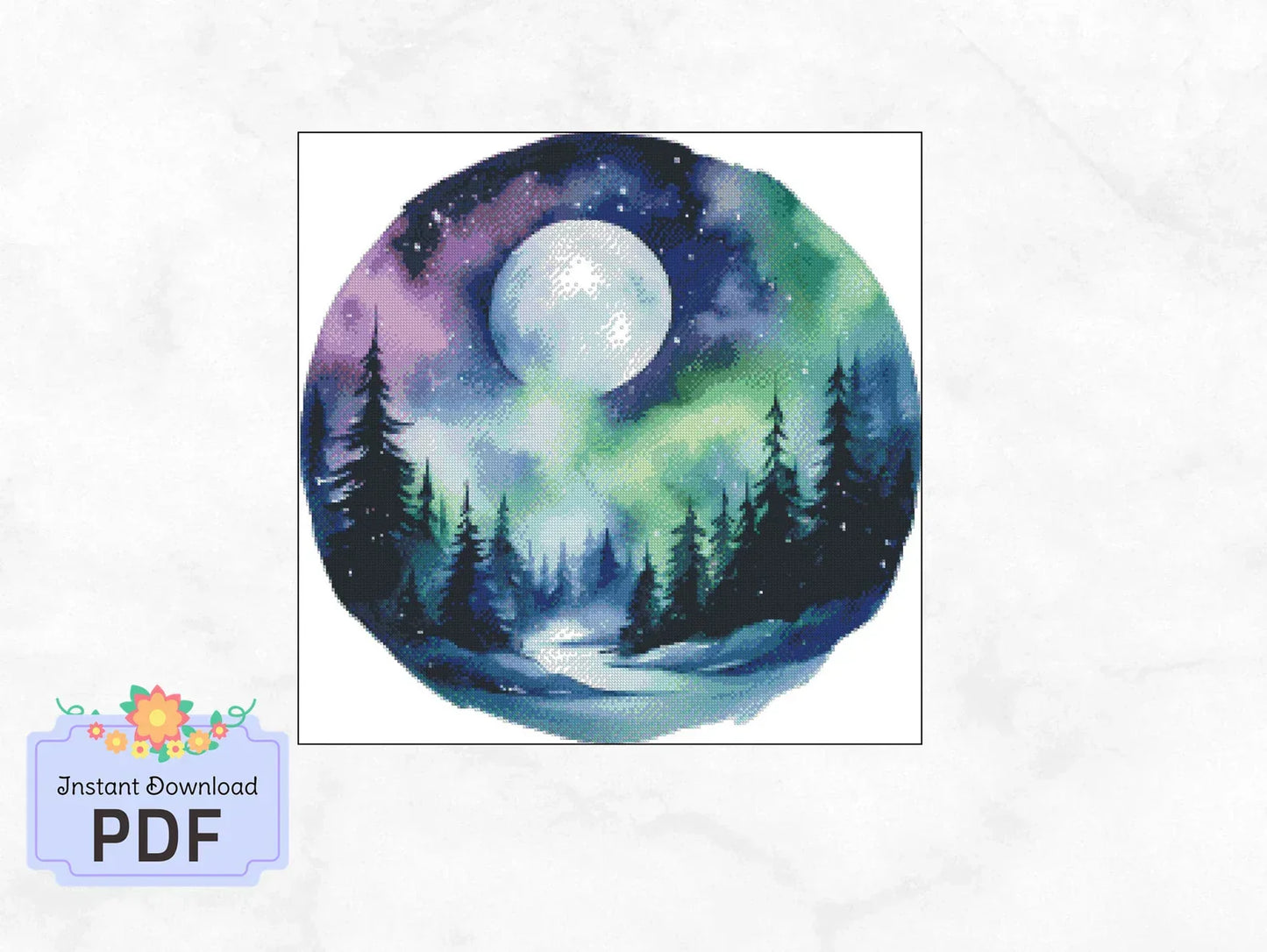Northen Lights Cross Stitch Pattern , Watercolor, Instant Download , Digital File , Pdf, Landscape, Moon