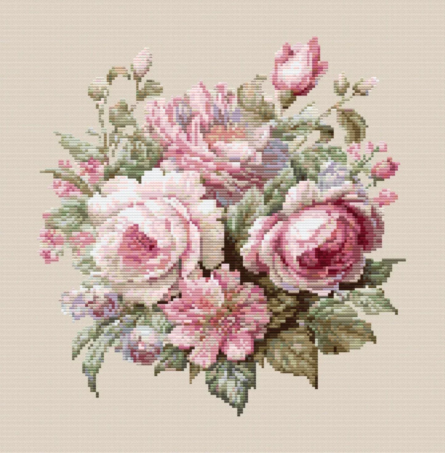 Pink roses bouquet cross stitch pattern PDF, flowers counted art, modern spring floral embroidery, nature design chart instant download