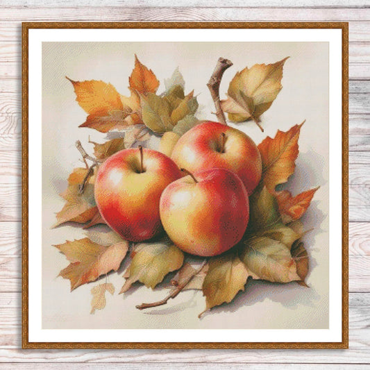 Autumn Apples Cross Stitch Pattern Kitchen Still Life Modern Decor Pattern Embroidery Needlepoint chart PDF Garden fruits Branch Leaves
