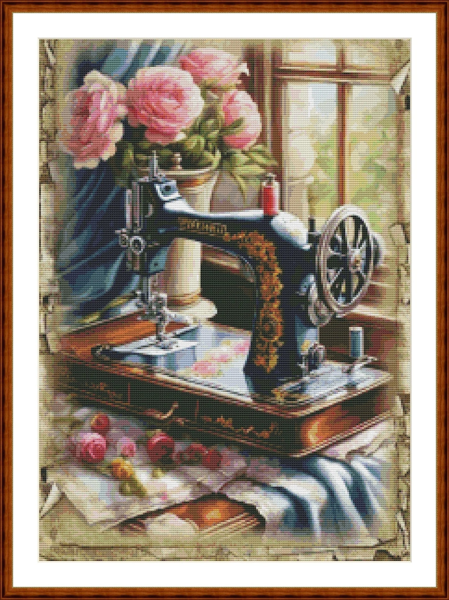 Vintage sewing machine Counted Cross Stitch Pattern Bouquet of roses Digital Pattern Sewing room Pattern Hand Embroidery Needlepoint chart