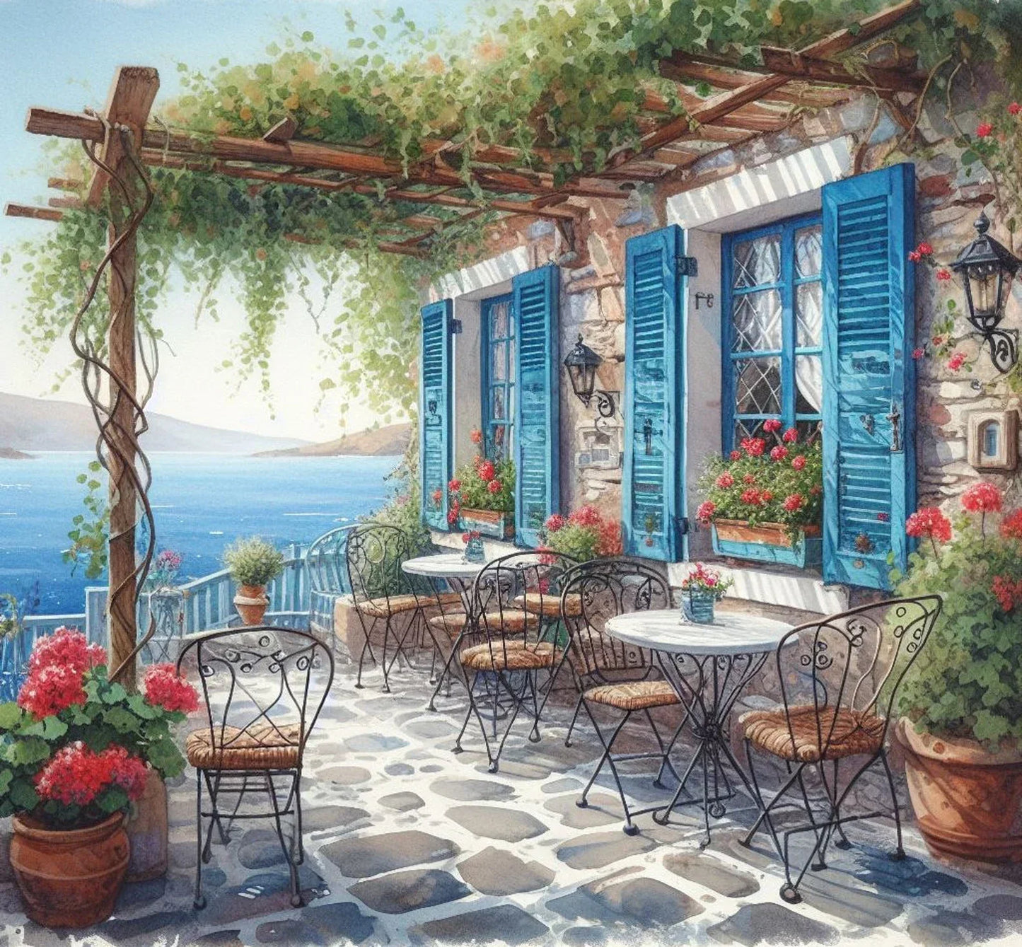 PDF Greek Cafe Counted Cross Stitch Pattern, Greece Seaview Landscape Instant Download Digital Format