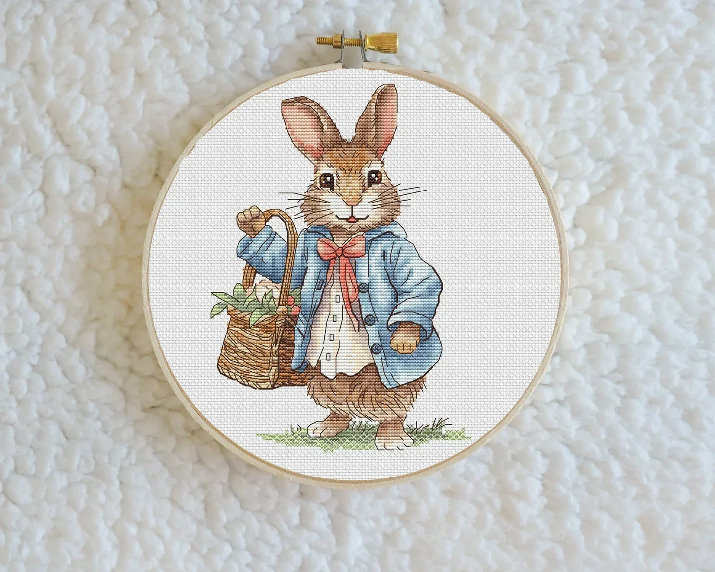 Rabbit boy Cross Stitch Pattern, bunny with a basket of flowers Instant Download Detailed Design Spring Summer Decor PDF Digital File
