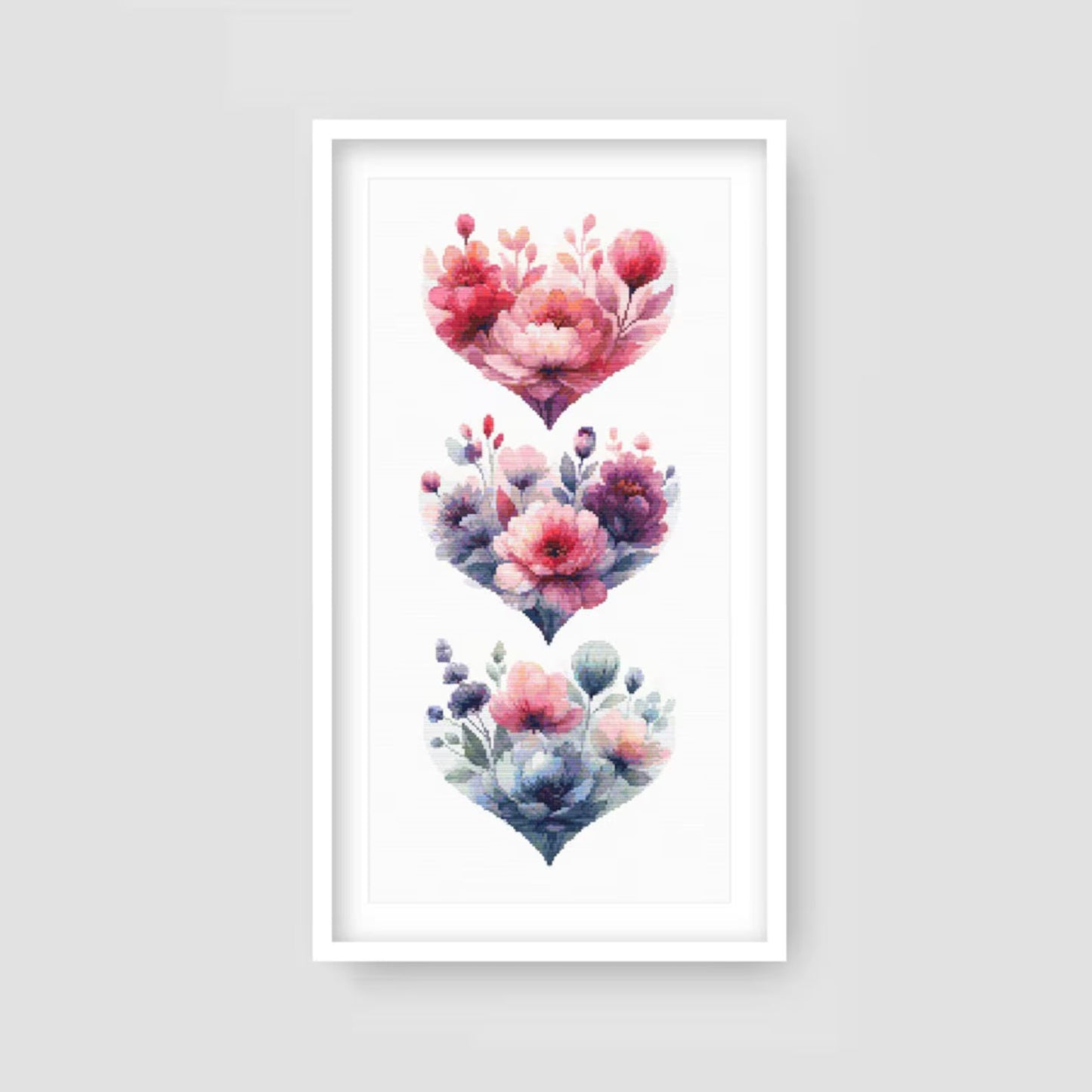 Blooming Hearts Trio Cross Stitch Pattern, Floral Cross Stitch Pattern, Heart Cross Stitch Pattern, Flower Embroidery. Digital PDF Download