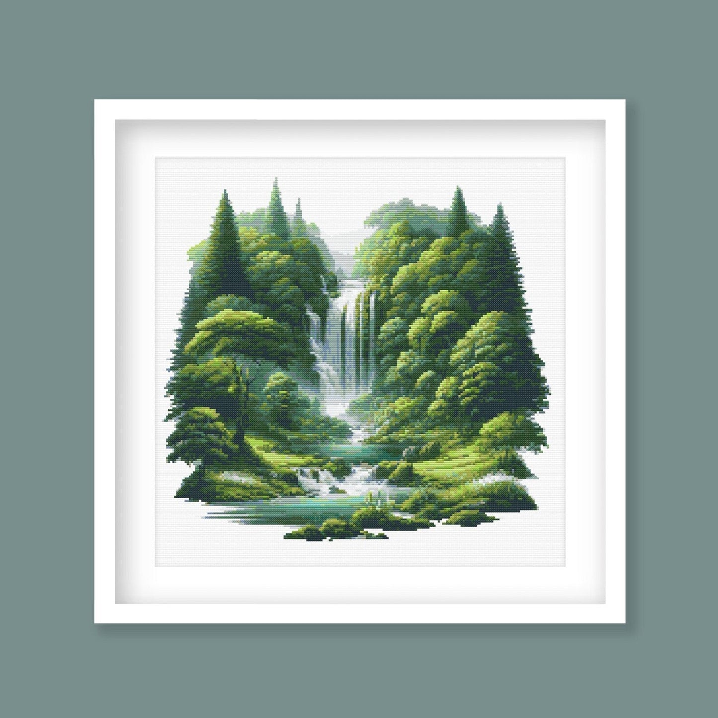Forest Waterfall Cross Stitch Pattern, Digital Download, Nature Landscape Embroidery, Needlepoint Craft, Digital PDF Download.