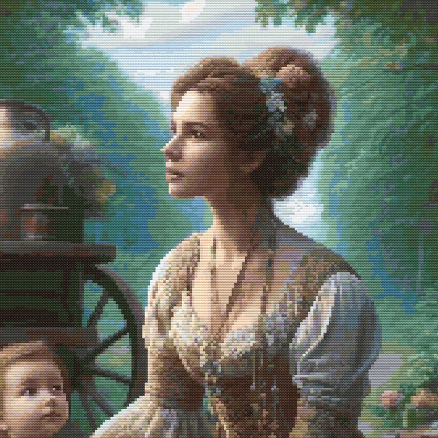 Victorian Garden Cross Stitch Pattern - Mother and Child in Vintage Dress by Old Cart Embroidery Design, Digital PDF Download.