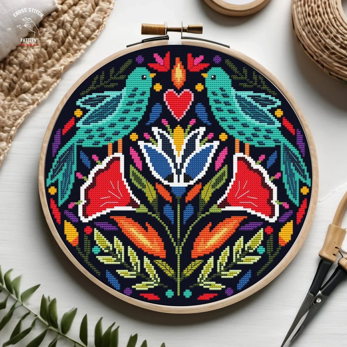 Folk cross stitch pattern Scandinavian ornament cross stitch Nordic cross stitch Birds Polish ethnic Flower embroidery Diy home decor