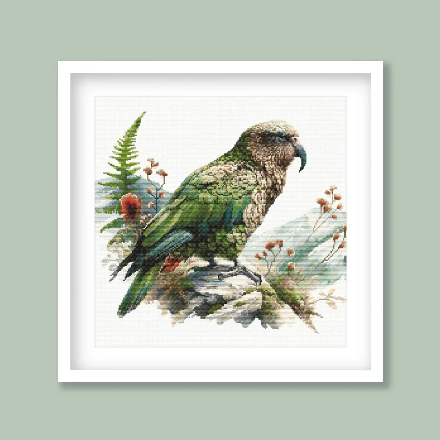New Zealand Kea Cross Stitch Pattern. Native New Zealand Bird Cross-Stitch Pattern in watercolor tones. Digital PDF Download