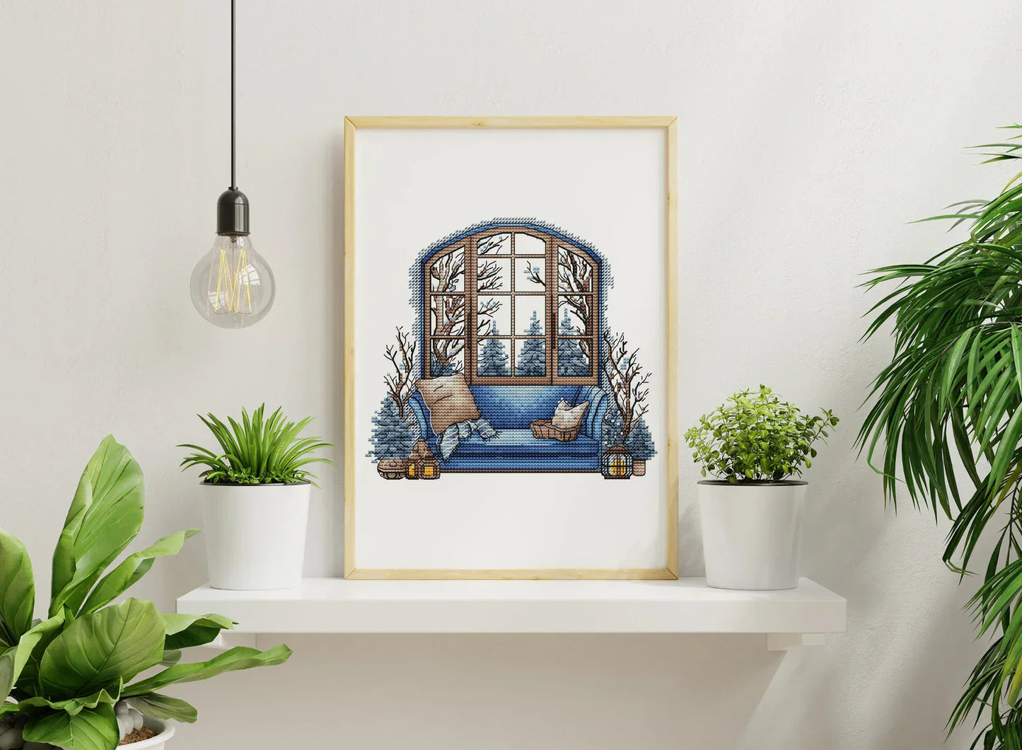 Winter Cross Stitch Pattern PDF, Interior Embroidery PDF, Winter sofa Embroidery PDF, Winter window cross stitch, Embroidery decor