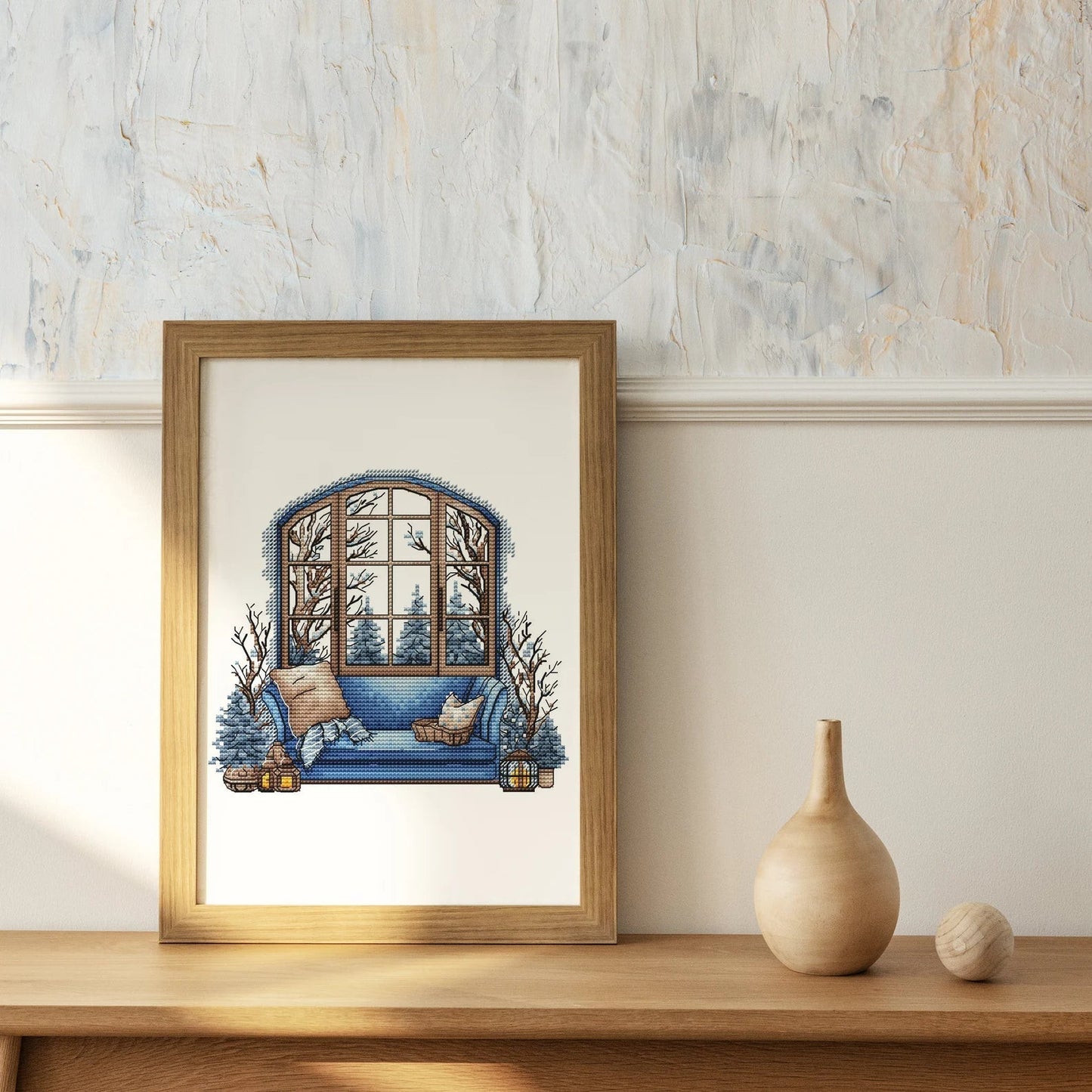 Winter Cross Stitch Pattern PDF, Interior Embroidery PDF, Winter sofa Embroidery PDF, Winter window cross stitch, Embroidery decor