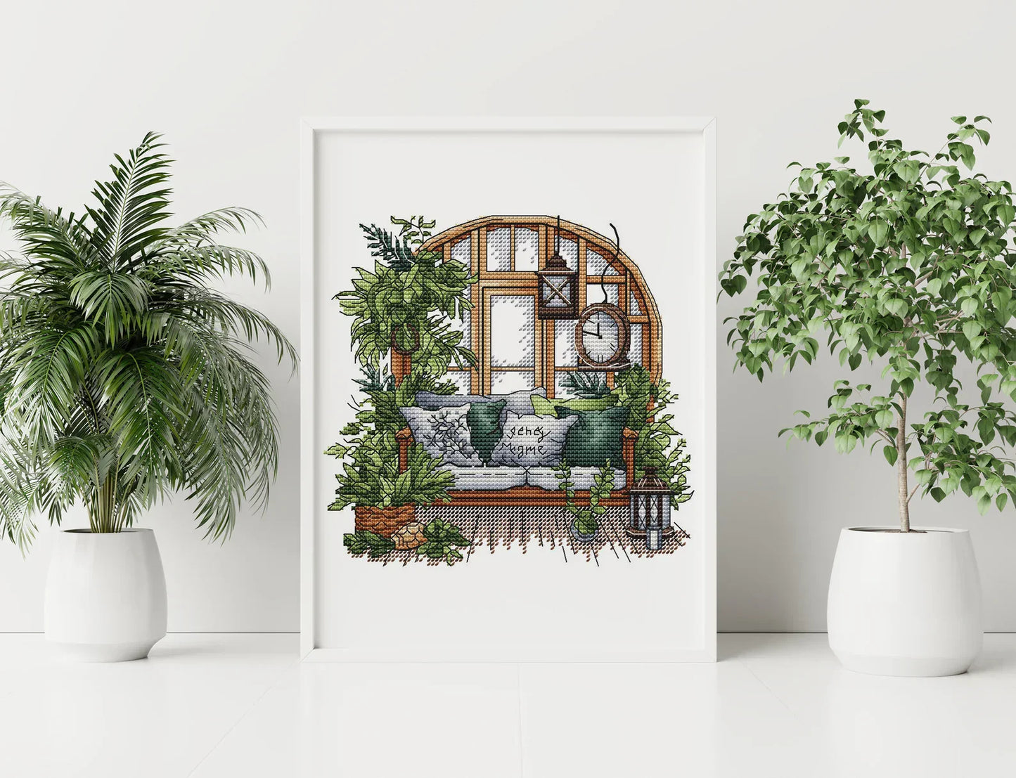Garden Pattern for Cross Stitch, Interior Embroidery PDF, Green Garden Embroidery PDF, Terrace window cross stitch, Embroidery decor
