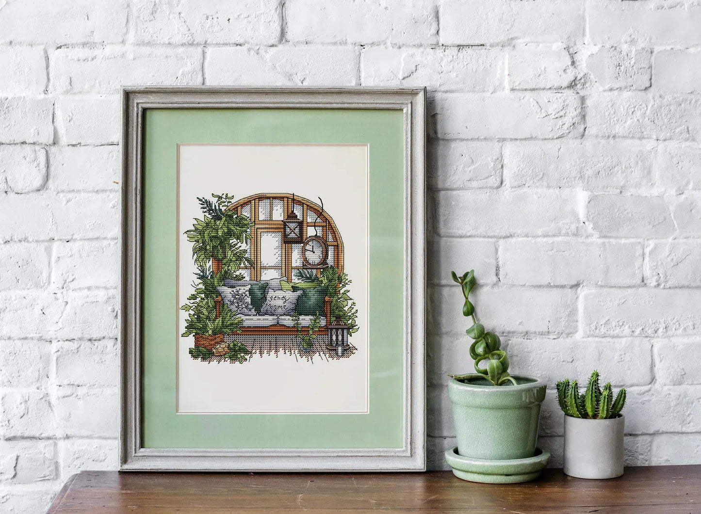 Garden Pattern for Cross Stitch, Interior Embroidery PDF, Green Garden Embroidery PDF, Terrace window cross stitch, Embroidery decor