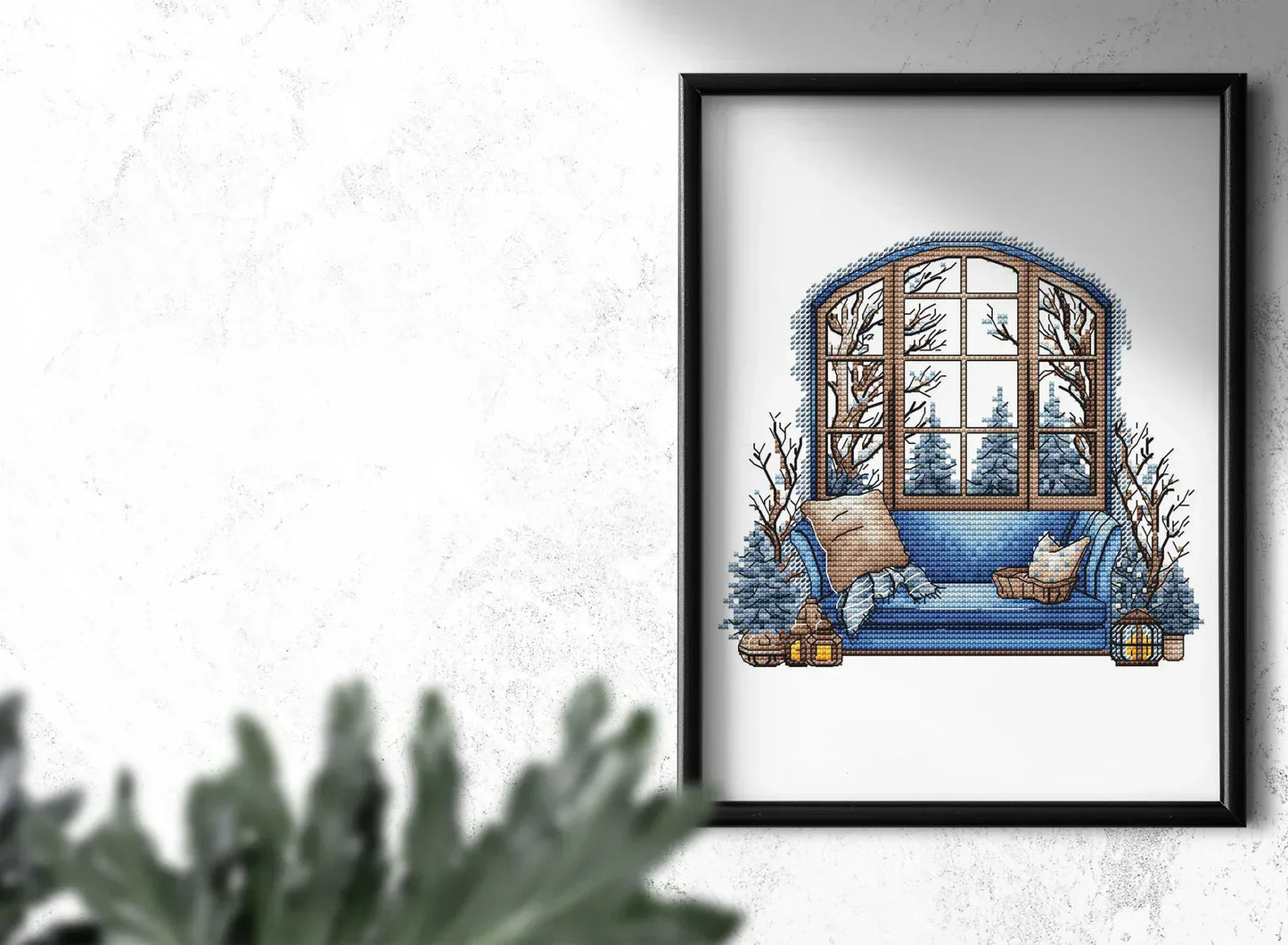 Winter Cross Stitch Pattern PDF, Interior Embroidery PDF, Winter sofa Embroidery PDF, Winter window cross stitch, Embroidery decor