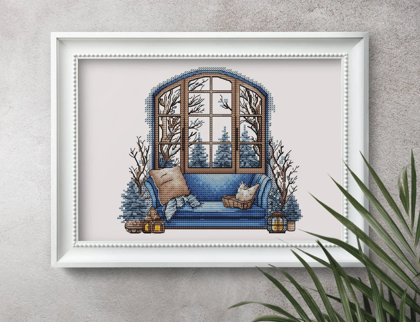 Winter Cross Stitch Pattern PDF, Interior Embroidery PDF, Winter sofa Embroidery PDF, Winter window cross stitch, Embroidery decor