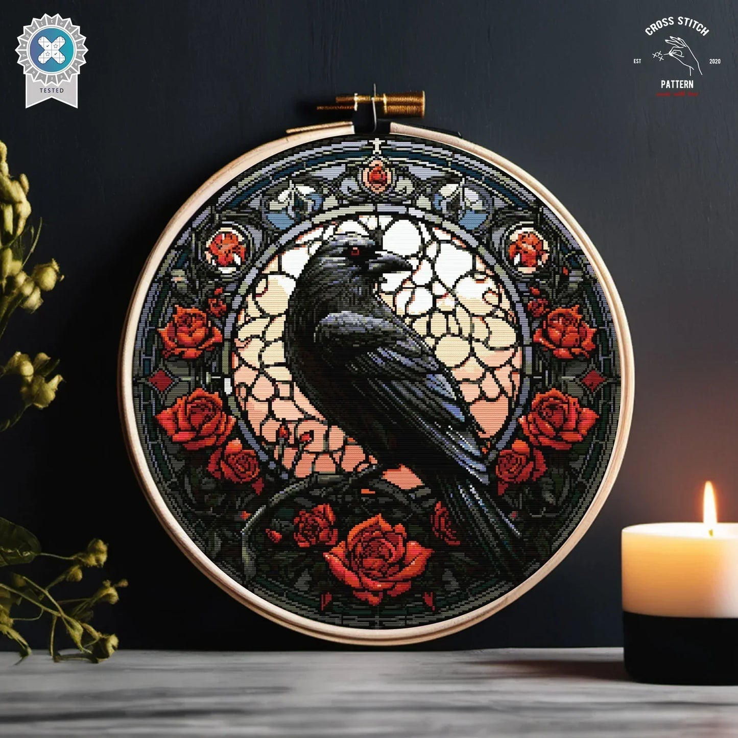 Stained Glass Raven Cross Stitch Pattern Gothic Crow cross stitch Spooky Halloween embroidery Horror cross stitch Mystic Witchy stitcher