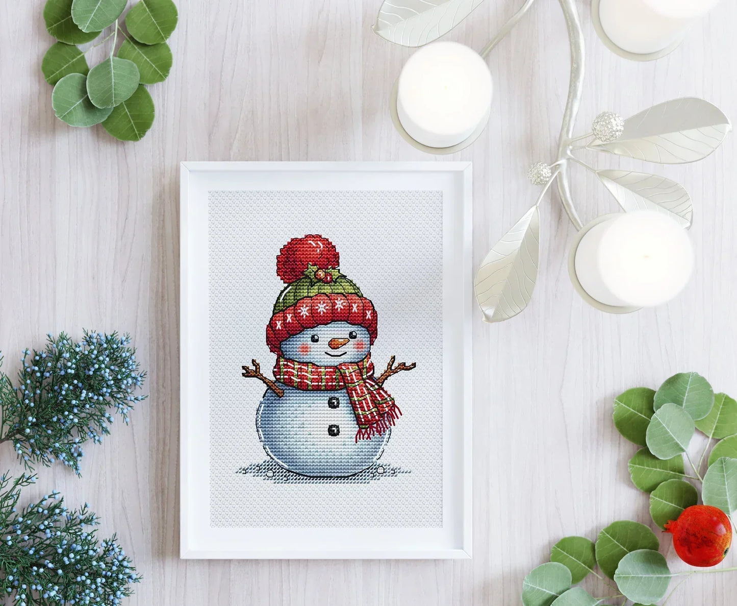 Snowman Cross Stitch Pattern, Christmas Holiday Classic Snowman with Red Green Hat and Motley Scarf Whimsical Needlepoint PDF Winter Friend
