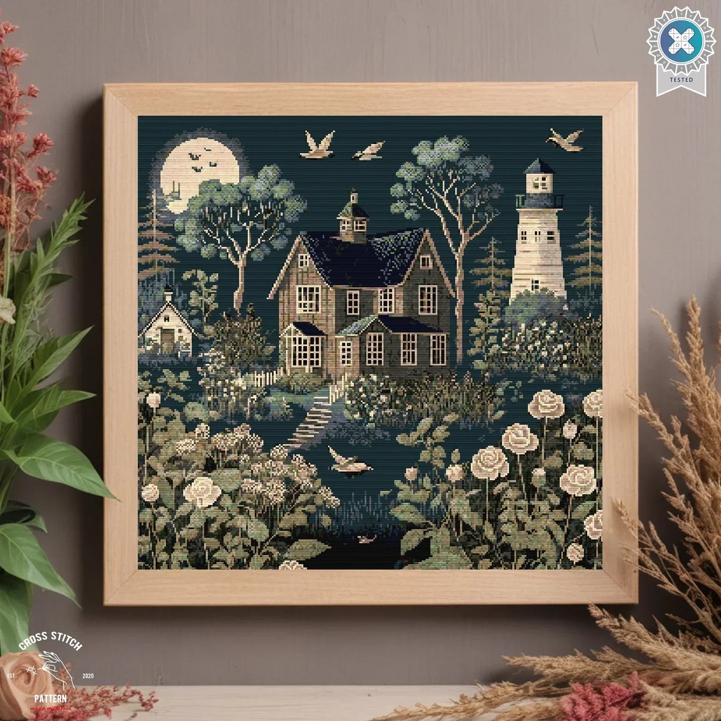 Village houses cross stitch pattern Vintage Cottage Night scene House and Lighthouse chart Landscape cross stitch Full coverage cross stitch