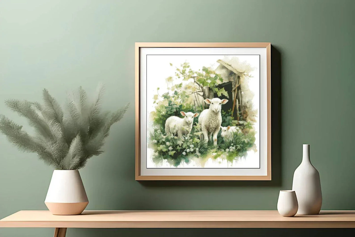 Watercolor Cross Stitch Pattern,Three Sheep in Front of Barn,Spring Landscape,Pattern Keeper,xstitch,PDF,Instant Download