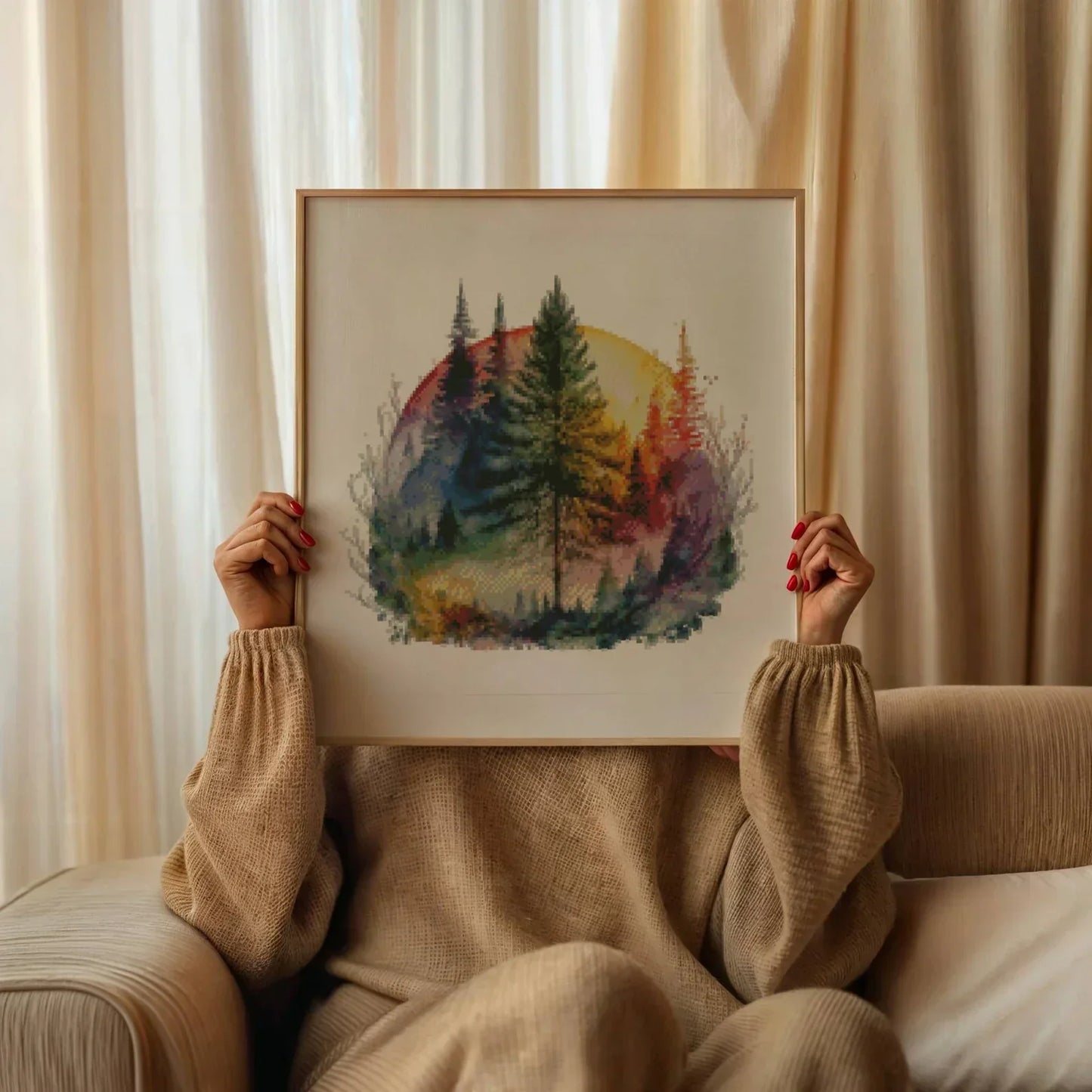 Watercolor Cross Stitch Pattern,Forest with Rainbow,Tree life Colorful,Pattern Keeper,Landscape,Hand Embroidery,Instant Download