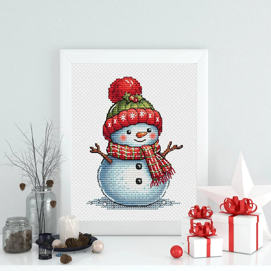 Snowman Cross Stitch Pattern, Christmas Holiday Classic Snowman with Red Green Hat and Motley Scarf Whimsical Needlepoint PDF Winter Friend