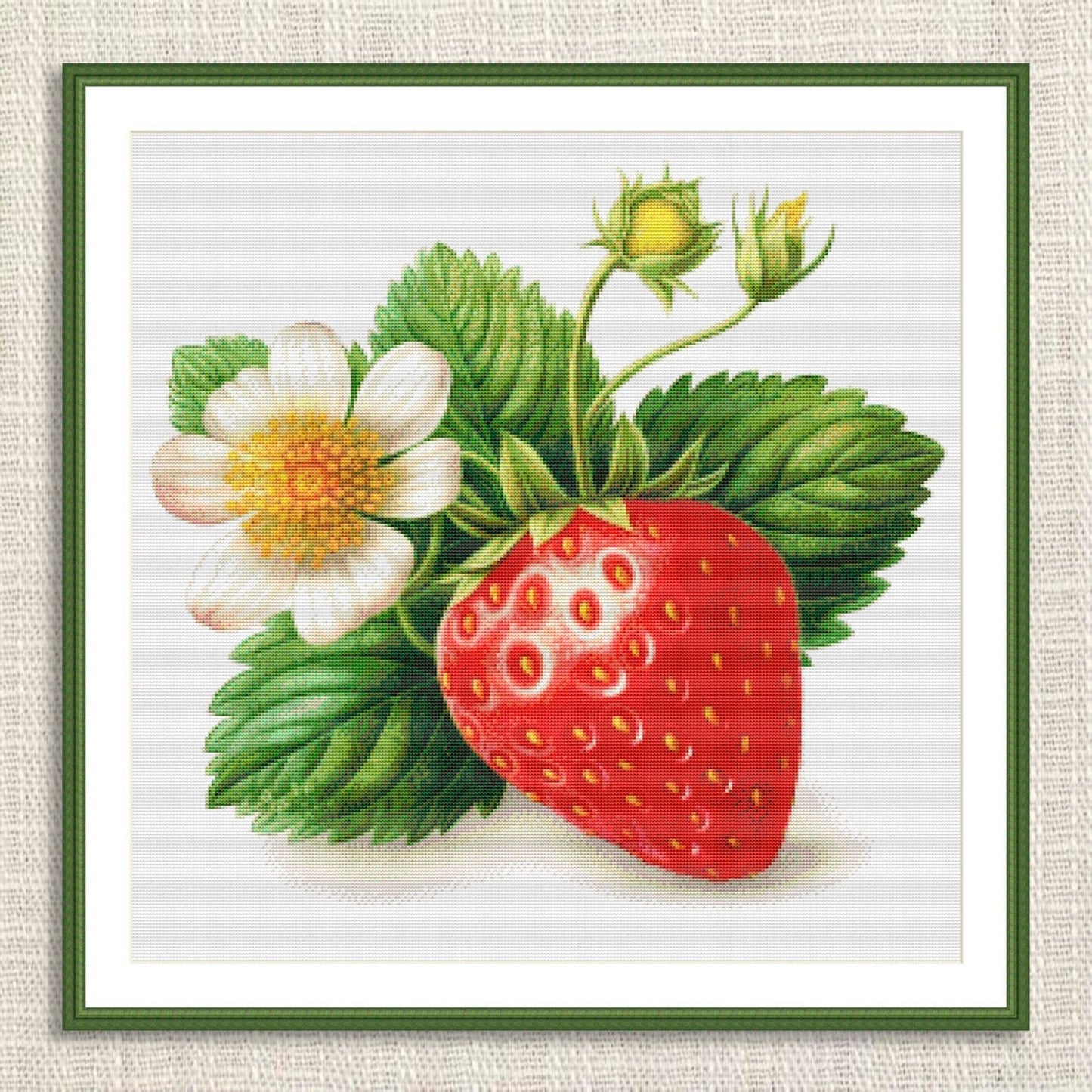 Strawberry Cross Stitch Pattern Kitchen Still Life Modern Decor Pattern Needlepoint chart Summer Berries White Flower Branch Green Leaves