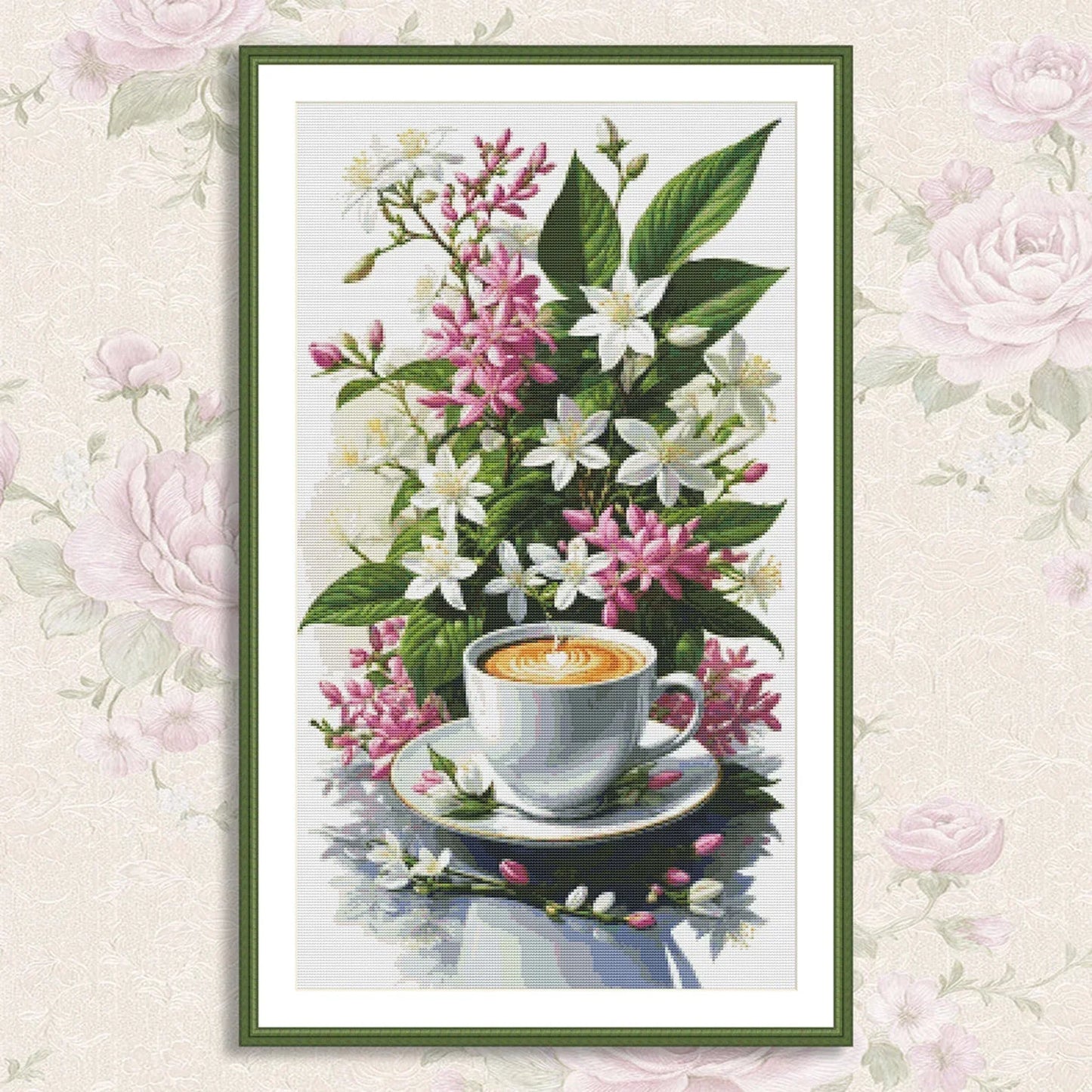 Coffee Time Cross Stitch Pattern Digital Pattern Watercolor Flowers Kitchen Still Life Modern Decor Pattern Cup of coffee Needlepoint chart