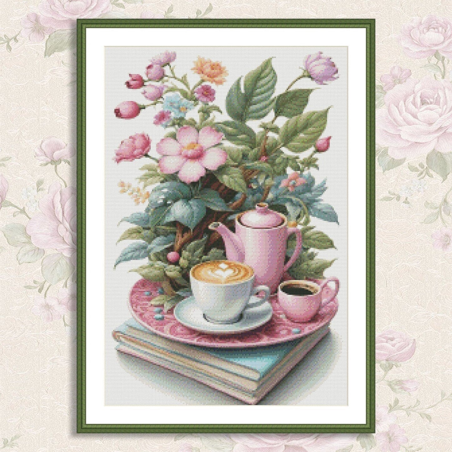 Coffe Time Cross Stitch Pattern Digital Pattern Watercolor Flowers Kitchen Still Life Modern Decor Pattern Cup of coffee Needlepoint chart