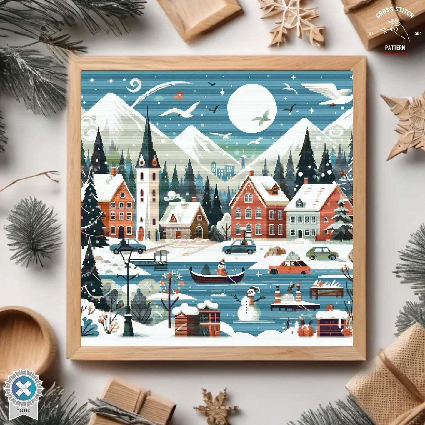Christmas cross stitch pattern Winter Village embroidery Advent calendar embroidery Christmas tree ornament Christmas village Cute Snowman