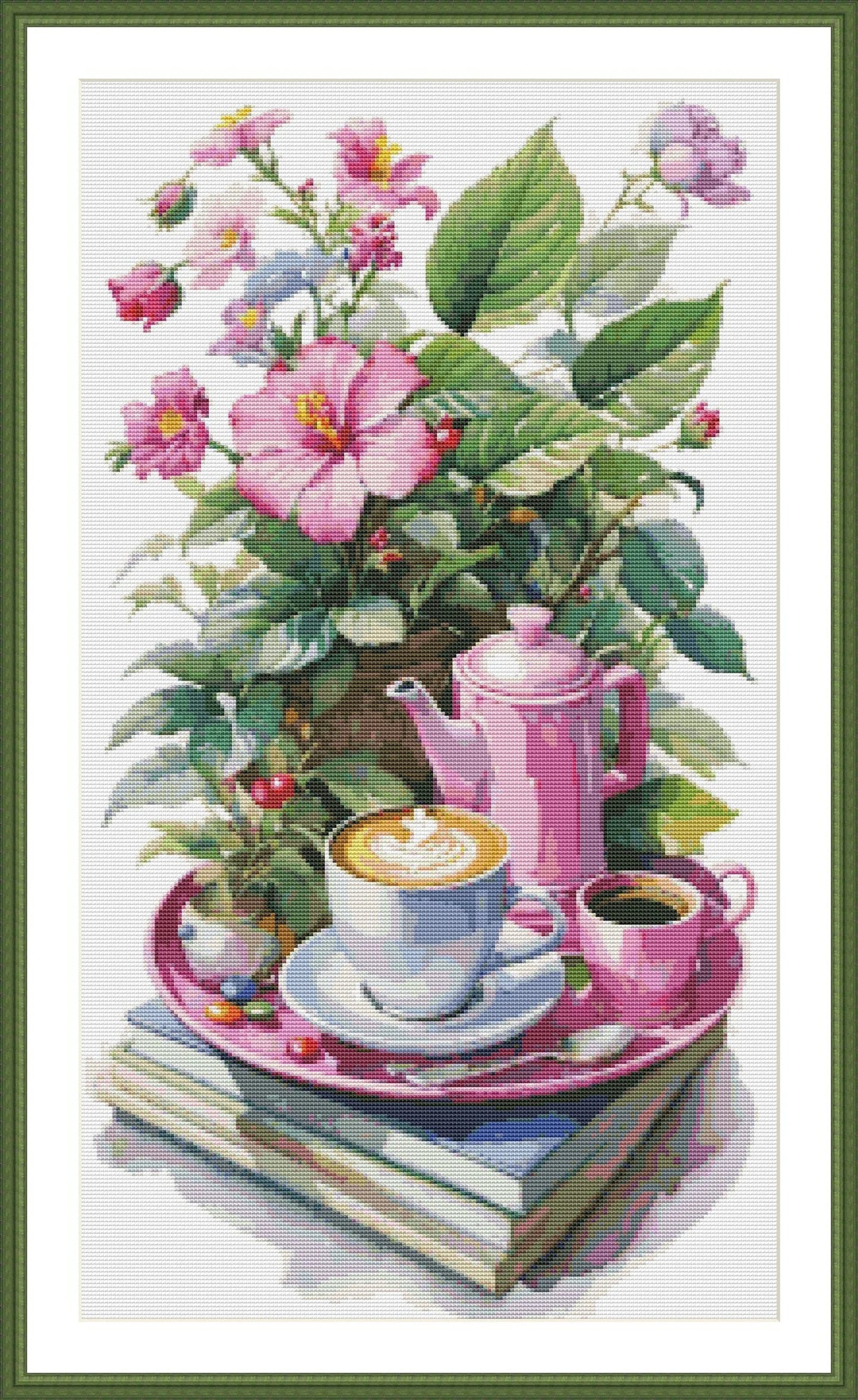 Coffee Time Cross Stitch Pattern Digital Pattern Watercolor Flowers Kitchen Still Life Modern Decor Pattern Cup of coffee Needlepoint chart