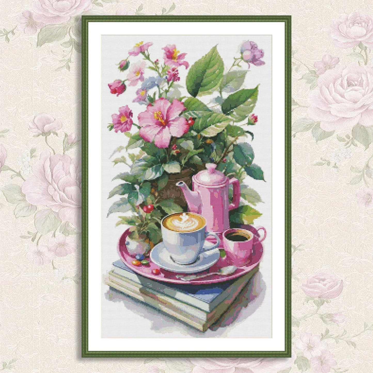 Coffee Time Cross Stitch Pattern Digital Pattern Watercolor Flowers Kitchen Still Life Modern Decor Pattern Cup of coffee Needlepoint chart