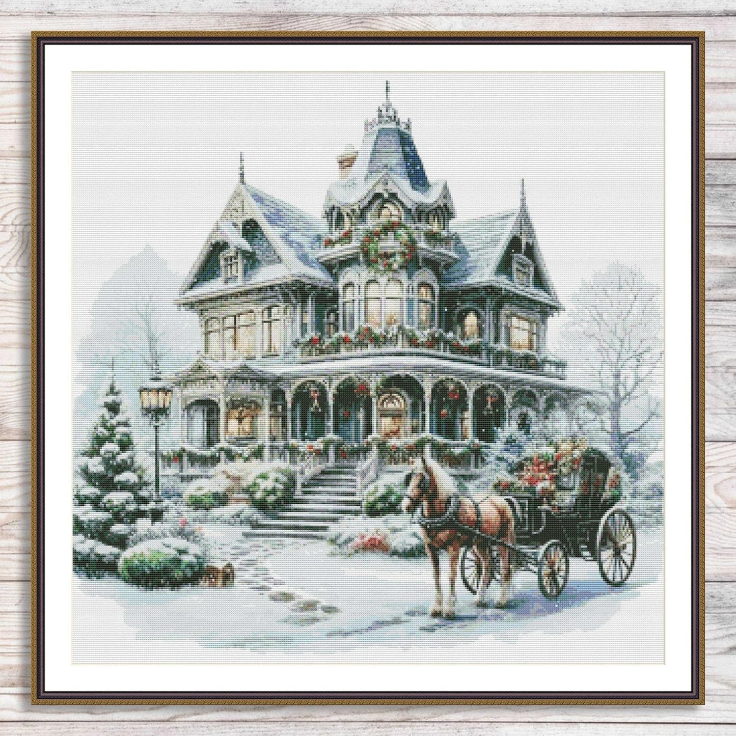 Victorian Christmas House Counted Cross Stitch Pattern Winter Landscape Holidays Hand Embroidery Needlepoint Chart Cottage PDF