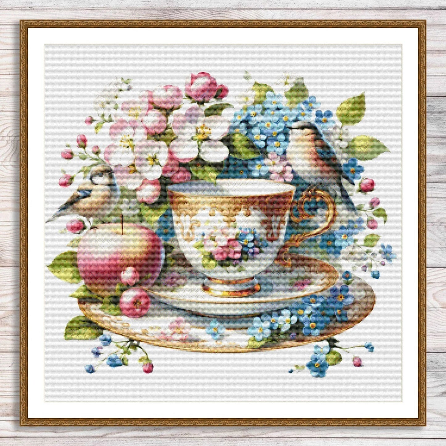 Blooming Tea Cup Cross Stitch Pattern Pattern Bird Bouquet of roses Kitchen Still Life Modern Decor Pattern Embroidery Needlepoint chart PDF