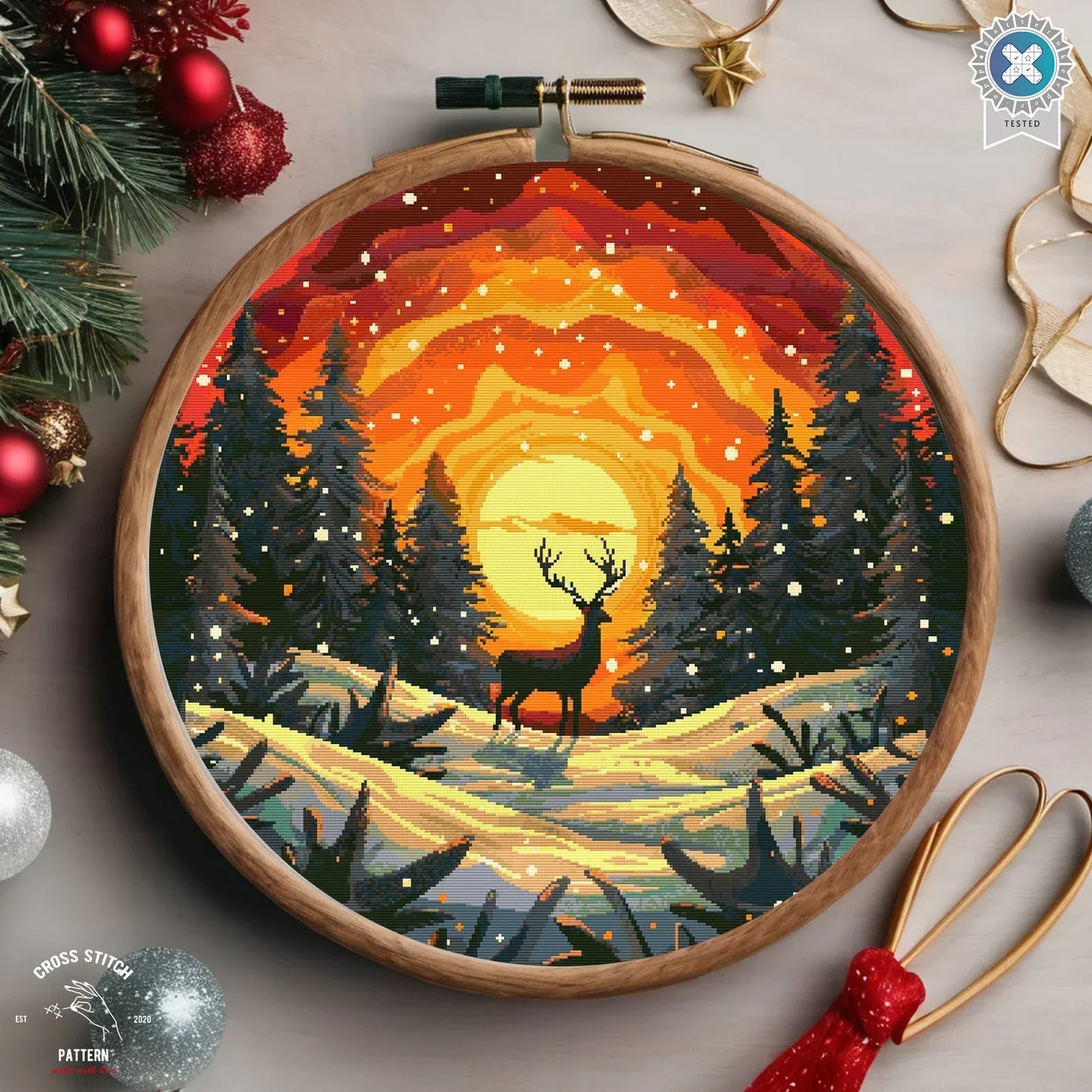 Christmas deer cross stitch pattern Winter Snowy forest embroidery Advent calendar embroidery Christmas tree ornament Sunset Embroidery pdf
