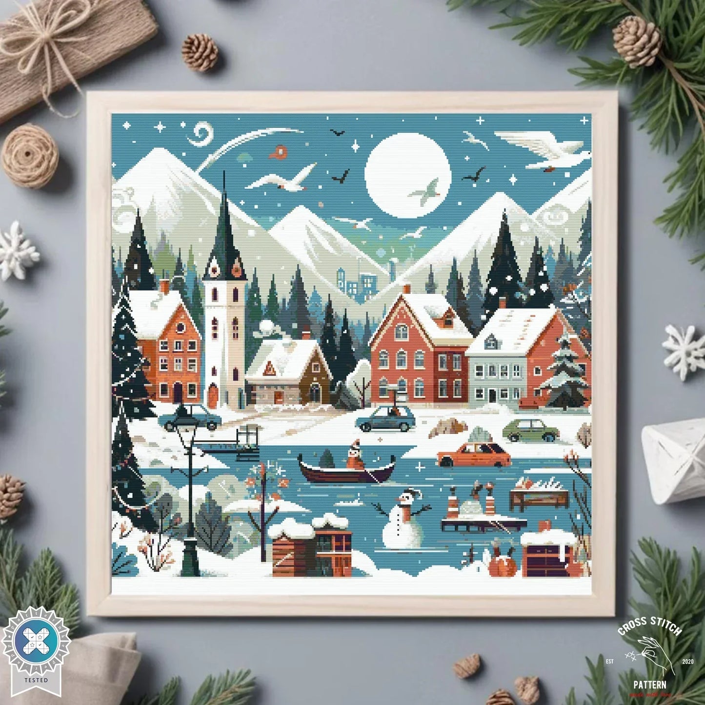 Christmas cross stitch pattern Winter Village embroidery Advent calendar embroidery Christmas tree ornament Christmas village Cute Snowman