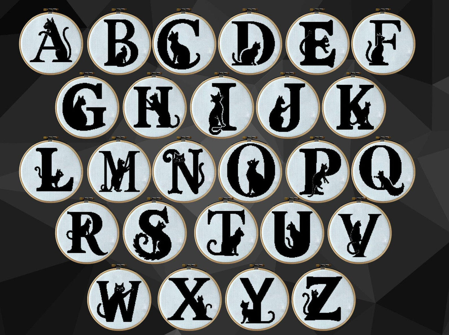 Set of 26 cat letters, full alphabet cross modern cross stitch pattern, floral initial, monogram hoop art, nursery décor DIY, digital PDF