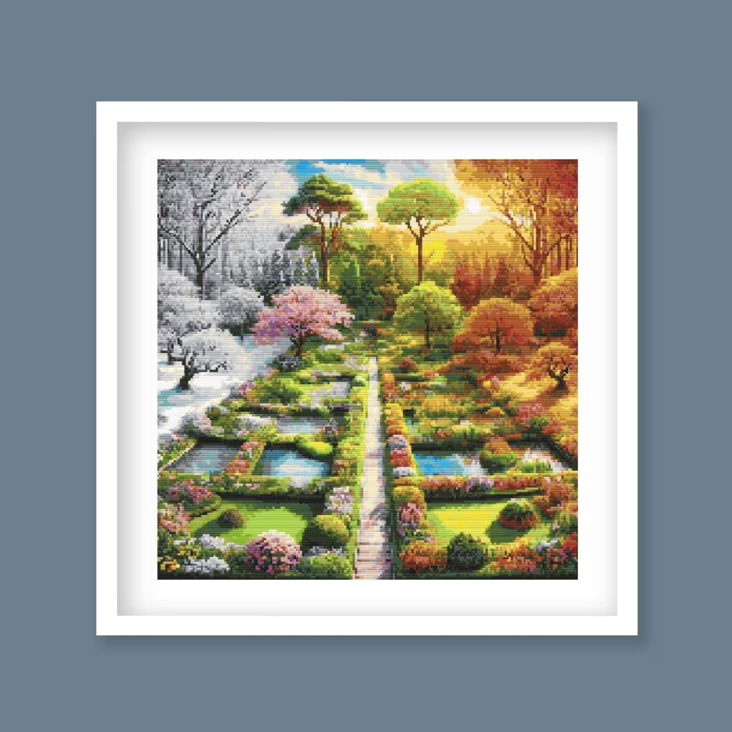Four Seasons Garden Cross Stitch Pattern - Vibrant Landscape Design, Seasonal Art Embroidery Chart Temperature Design, Digital PDF Download