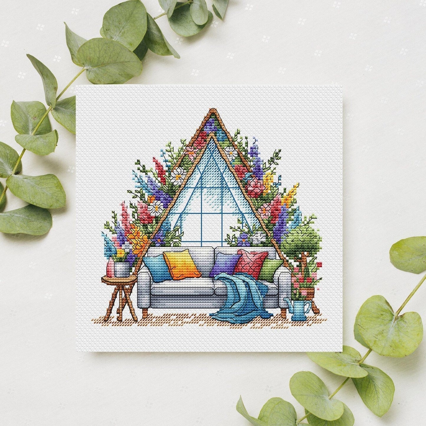 Garden Pattern for Cross Stitch, Spring Embroidery PDF, Green Garden Embroidery PDF, Terrace window cross stitch, Embroidery Counted Cross