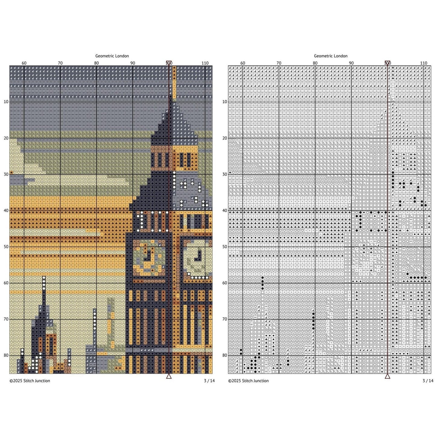 Geometric London Cross Stitch Pattern - Modern Village Architecture Embroidery Design, Big Ben, Tower Bridge & London Eye, Digital Download.