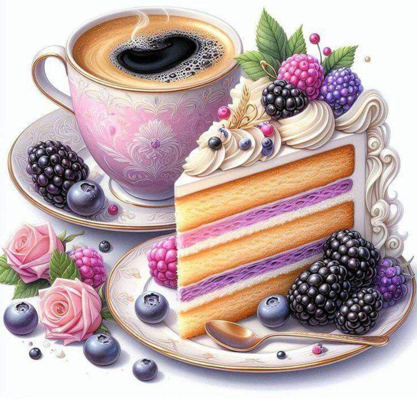 Coffee and Berry Cake Cross Stitch Pattern, Elegant Dessert and Tea Embroidery Design, Instant PDF Download for Kitchen Decor