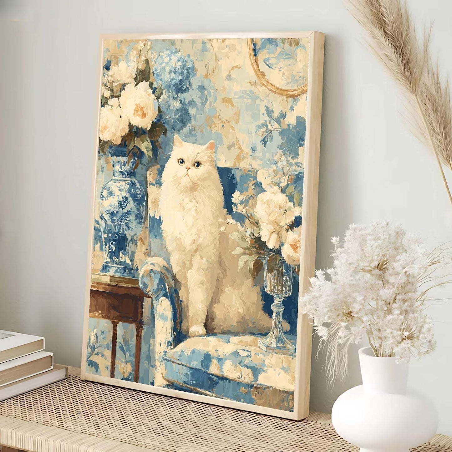 Elegant White Cat Floral Art Print | Digital Download | Cat Lovers Wall Art | Floral Decor Gift | Modern Home Decoration | White Cat Art