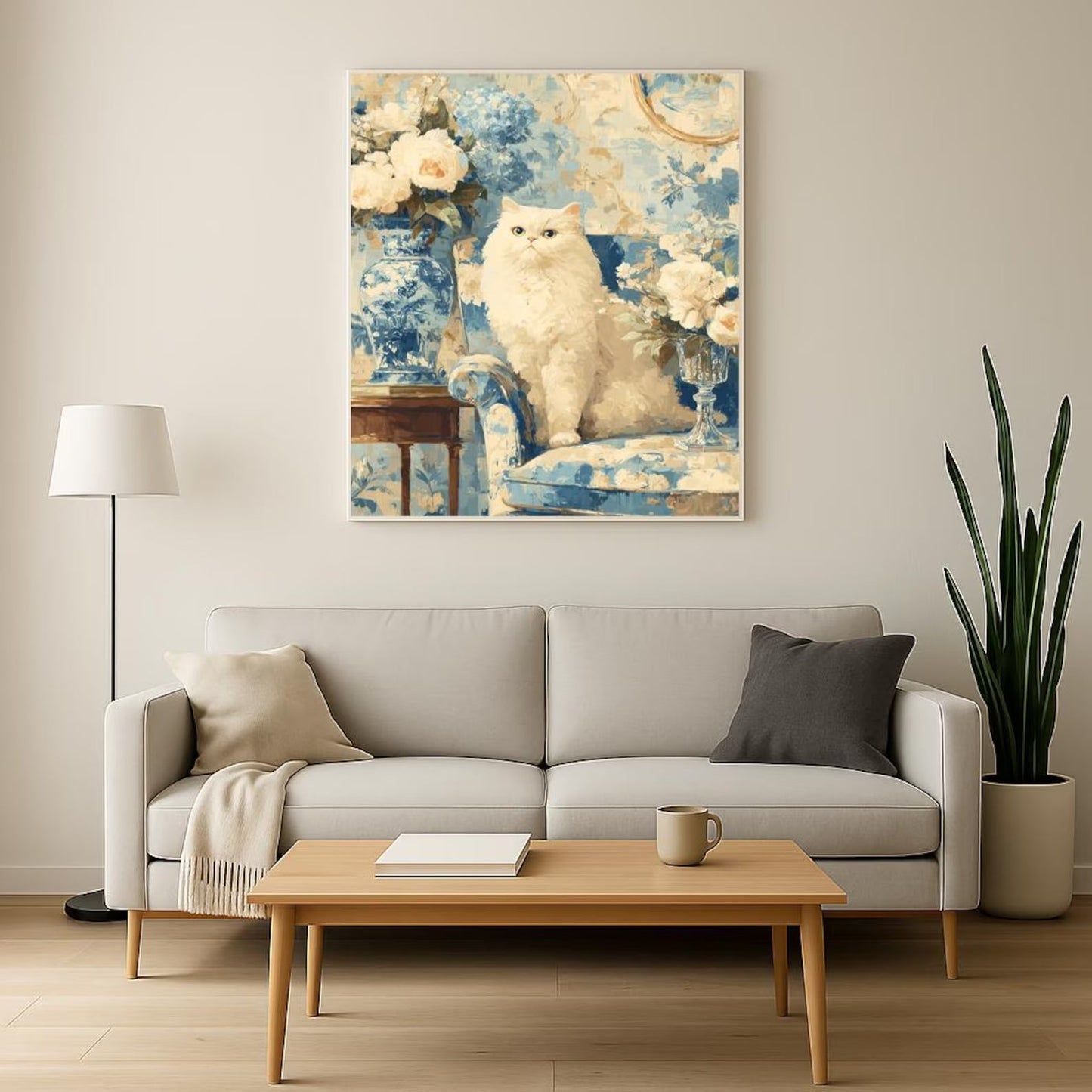 Elegant White Cat Floral Art Print | Digital Download | Cat Lovers Wall Art | Floral Decor Gift | Modern Home Decoration | White Cat Art
