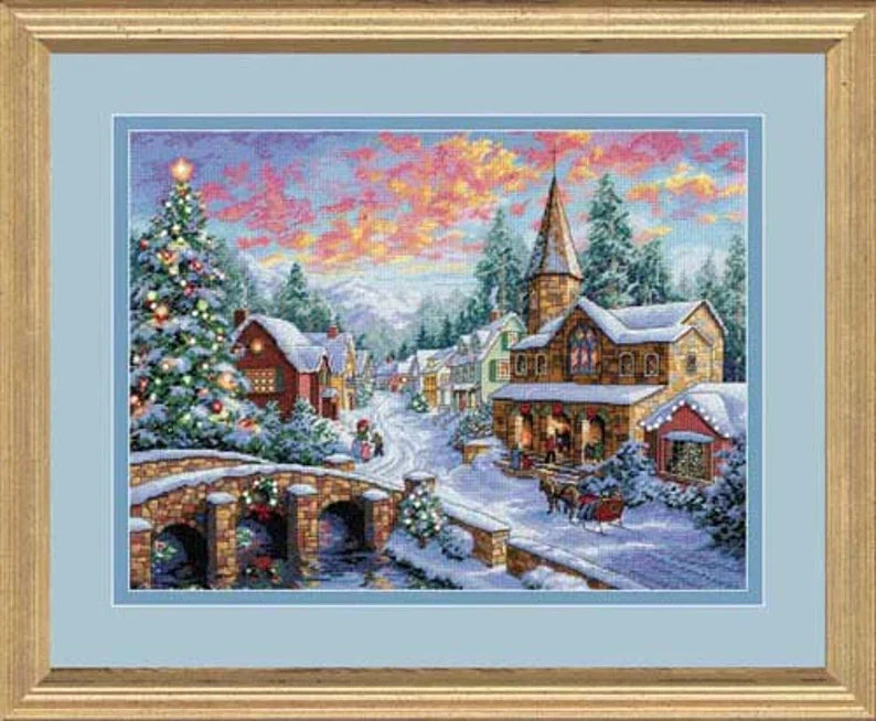 Holiday Village Counted Cross Stitch Pattern Christmas Village Winter Landscape Hand Embroidery Needlepoint Chart Cottage PDF