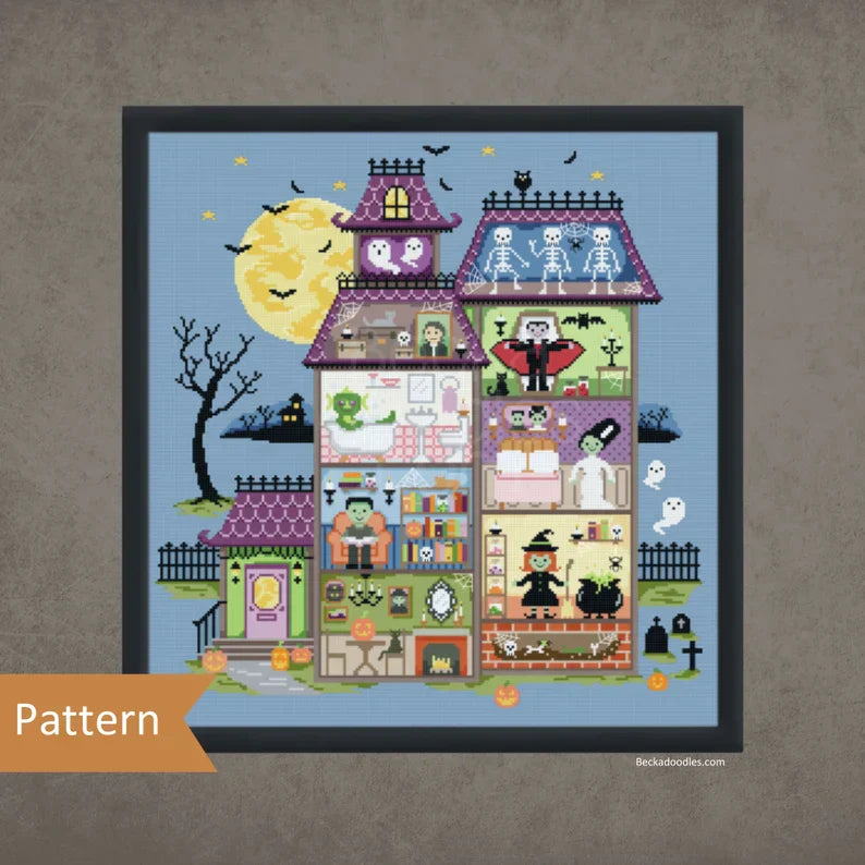 Haunted House Cross Stitch Pattern, Halloween Home Decor (Printable/Digital Pattern) Instant Download
