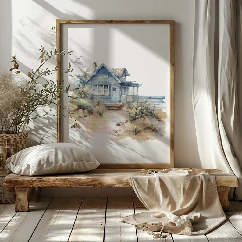Cross Stitch Pattern With Seaside Cottage, Beach House Cross Stitch Designs, Coastal Embroidery Pattern, Counted, Seascape Cross Stitch Pdf