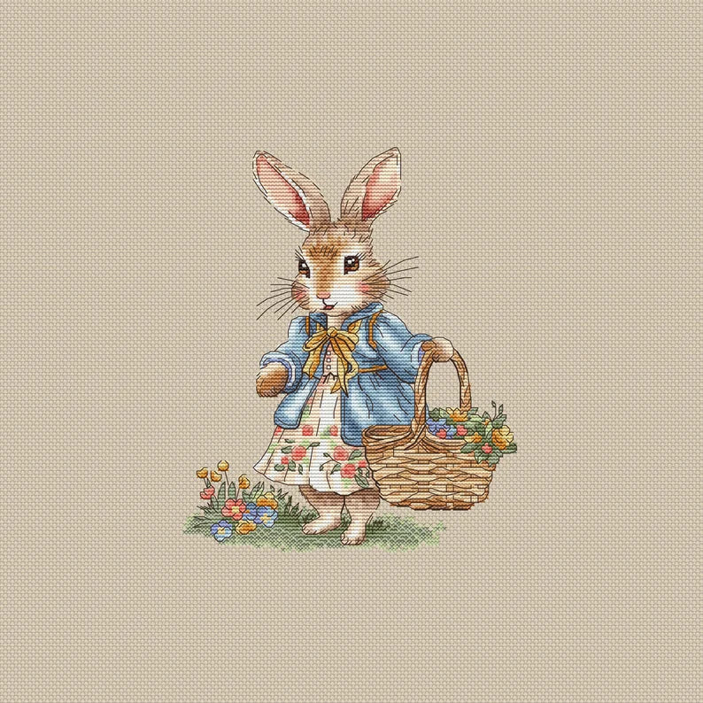 Rabbit Girl Cross Stitch Pattern: Bunny with Flowers (PDF Digital File) Instant Download