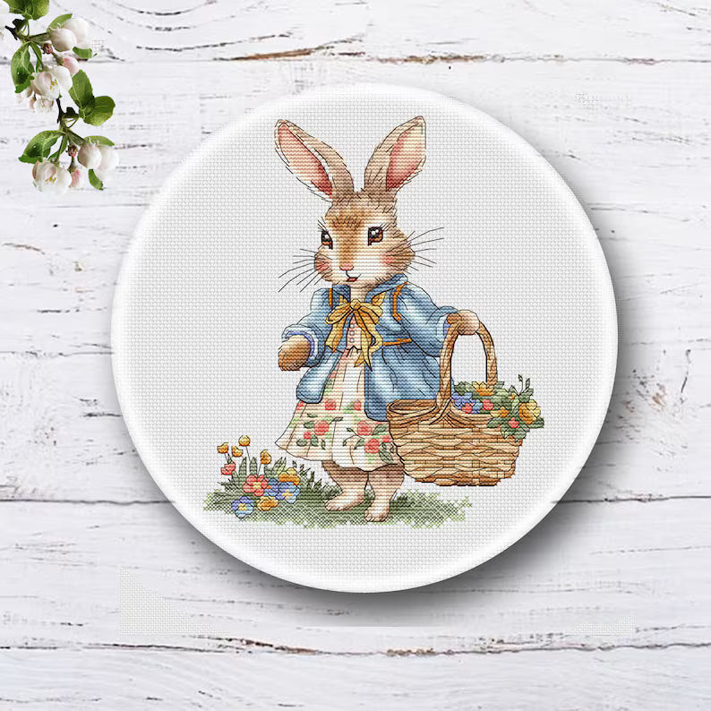 Rabbit Girl Cross Stitch Pattern: Bunny with Flowers (PDF Digital File) Instant Download