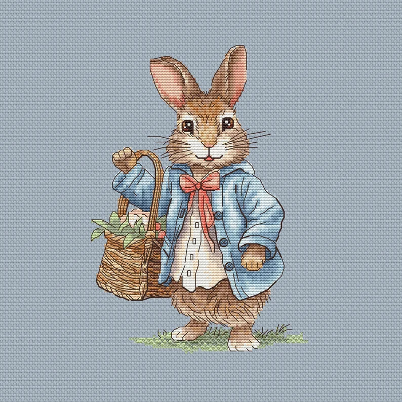 Rabbit Couple Cross Stitch Pattern: Spring Flower Basket (PDF Digital File) Instant Download