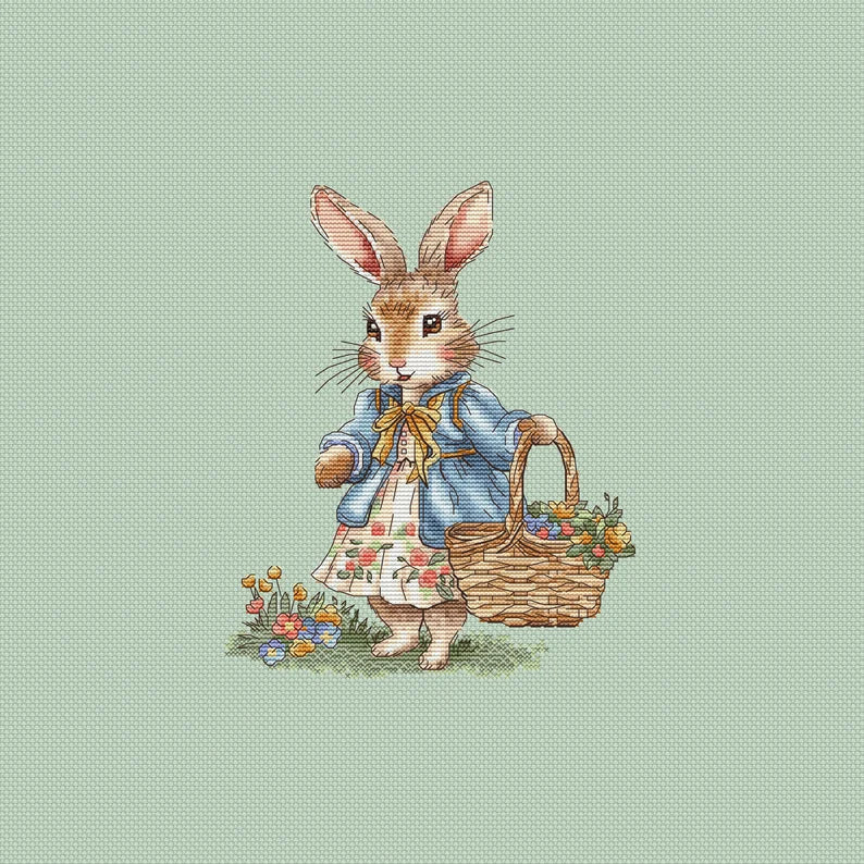 Rabbit Girl Cross Stitch Pattern: Bunny with Flowers (PDF Digital File) Instant Download