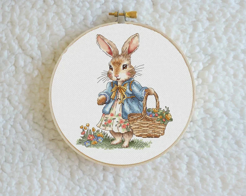 Rabbit Couple Cross Stitch Pattern: Spring Flower Basket (PDF Digital File) Instant Download